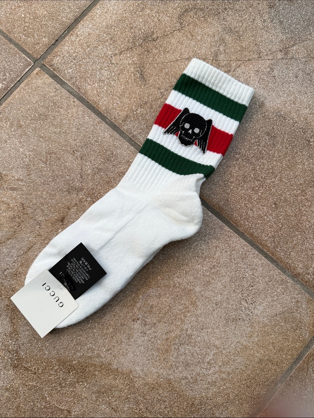 Gucci White Crew Sock with Green and Red Stripes and Black Embroidered Bat